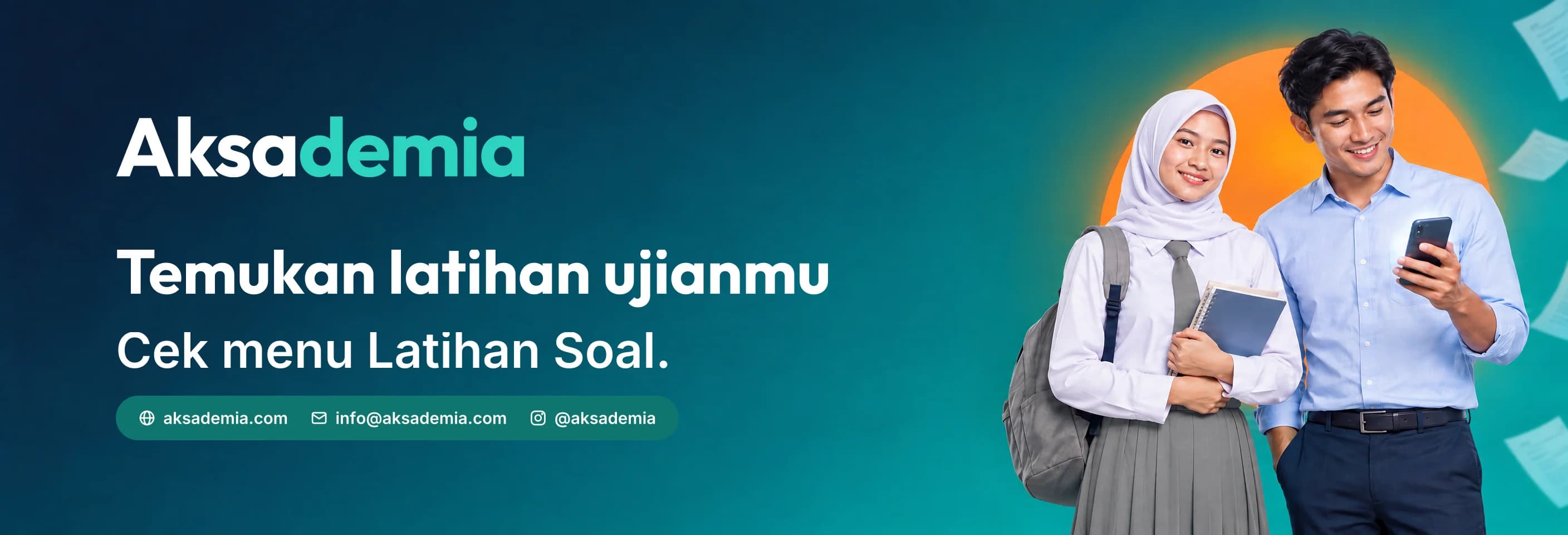 Siswa SMA dan calon pekerja tersenyum sambil melihat ponsel, dengan teks "Temukan latihan ujianmu. Cek menu Latihan Soal."